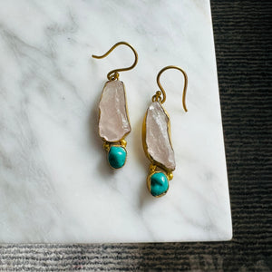 Two Stone Earrings - Rose Quartz and Turquoise