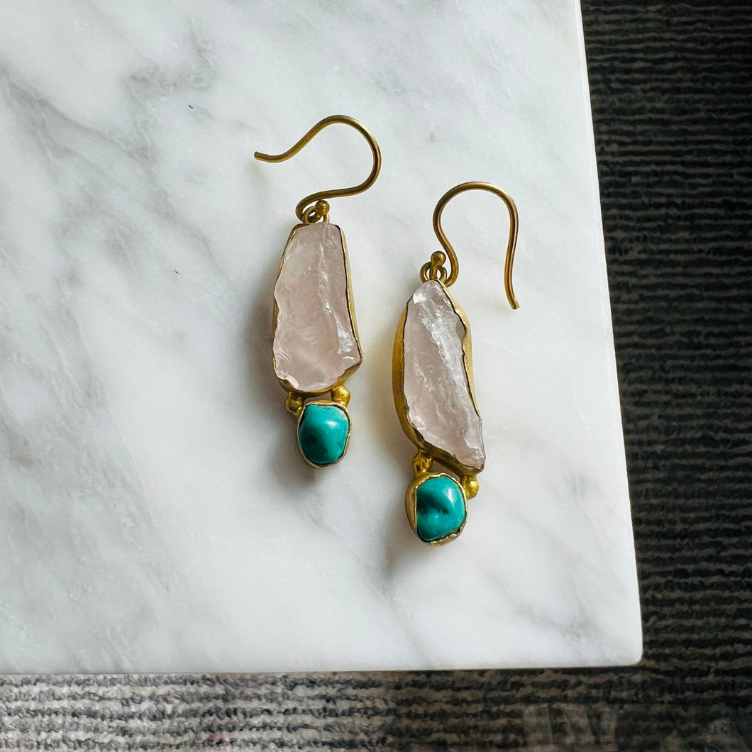 Two Stone Earrings - Rose Quartz and Turquoise