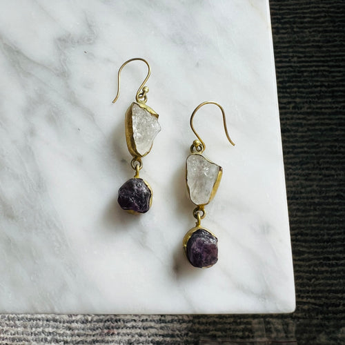 Two Stone Earrings - Clear Quartz and Amethyst
