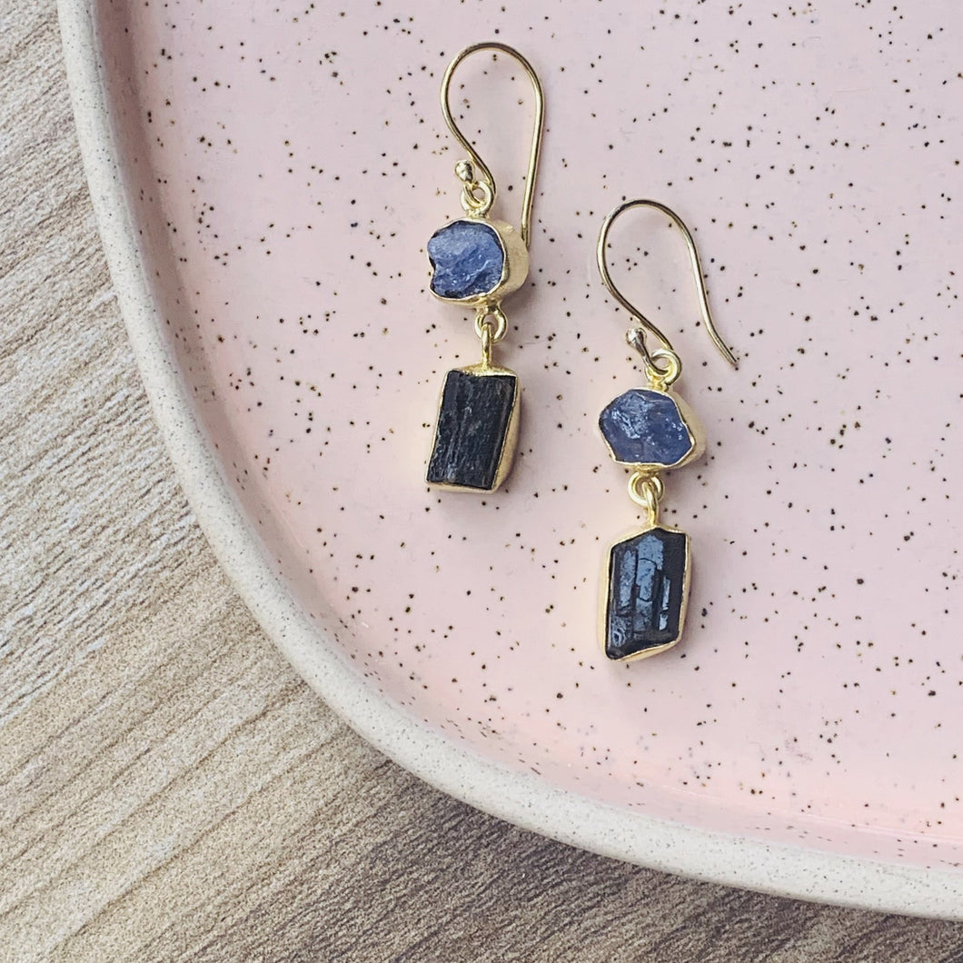 Two Stone Earrings - Tanzanite and Black Tourmaline