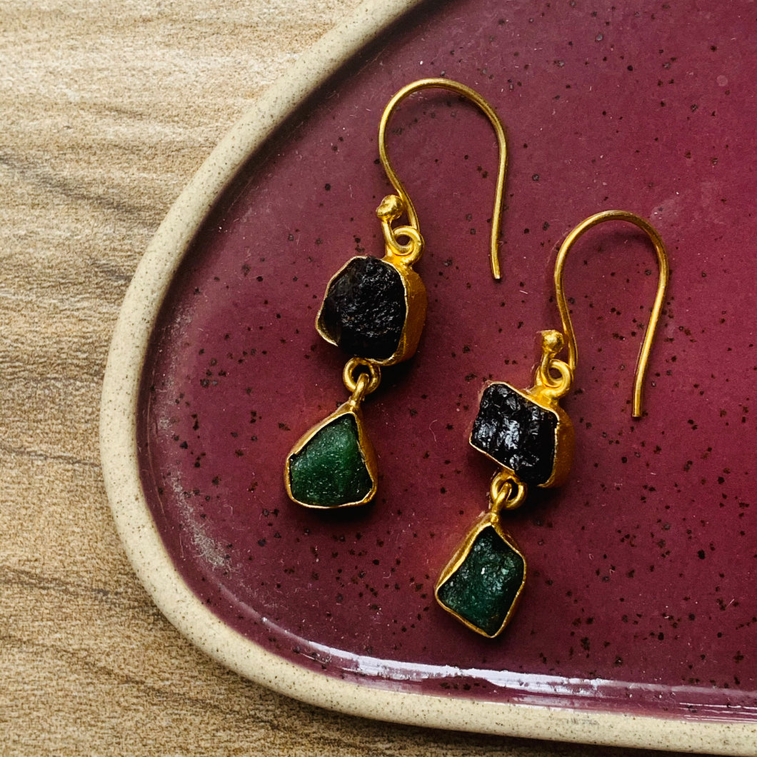 Two Stone Earrings - Black Onyx and Emerald